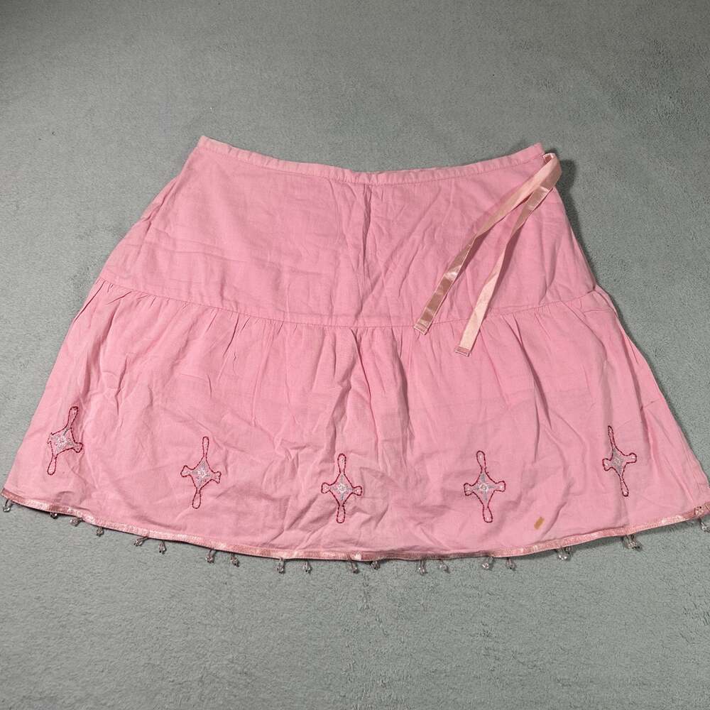 Y2k 2000s Crosses Beaded Mini Skirt Small 16 28x15 Fairy Indie Vintage Pink Boho